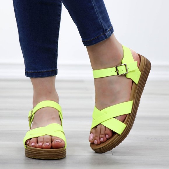 Neon Green Strappy Comfort Sandals Faux Nubuck - Picture 9 of 13